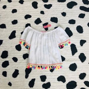 Social Teen White Off Shoulder Neon Tassel Top